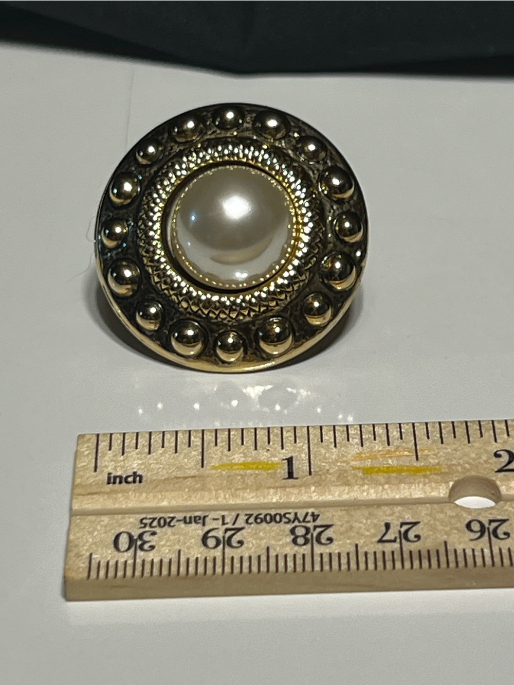 Vintage Scarf Clip Gold Tone Faux Pearl Scalloped Textured Dome Retro
